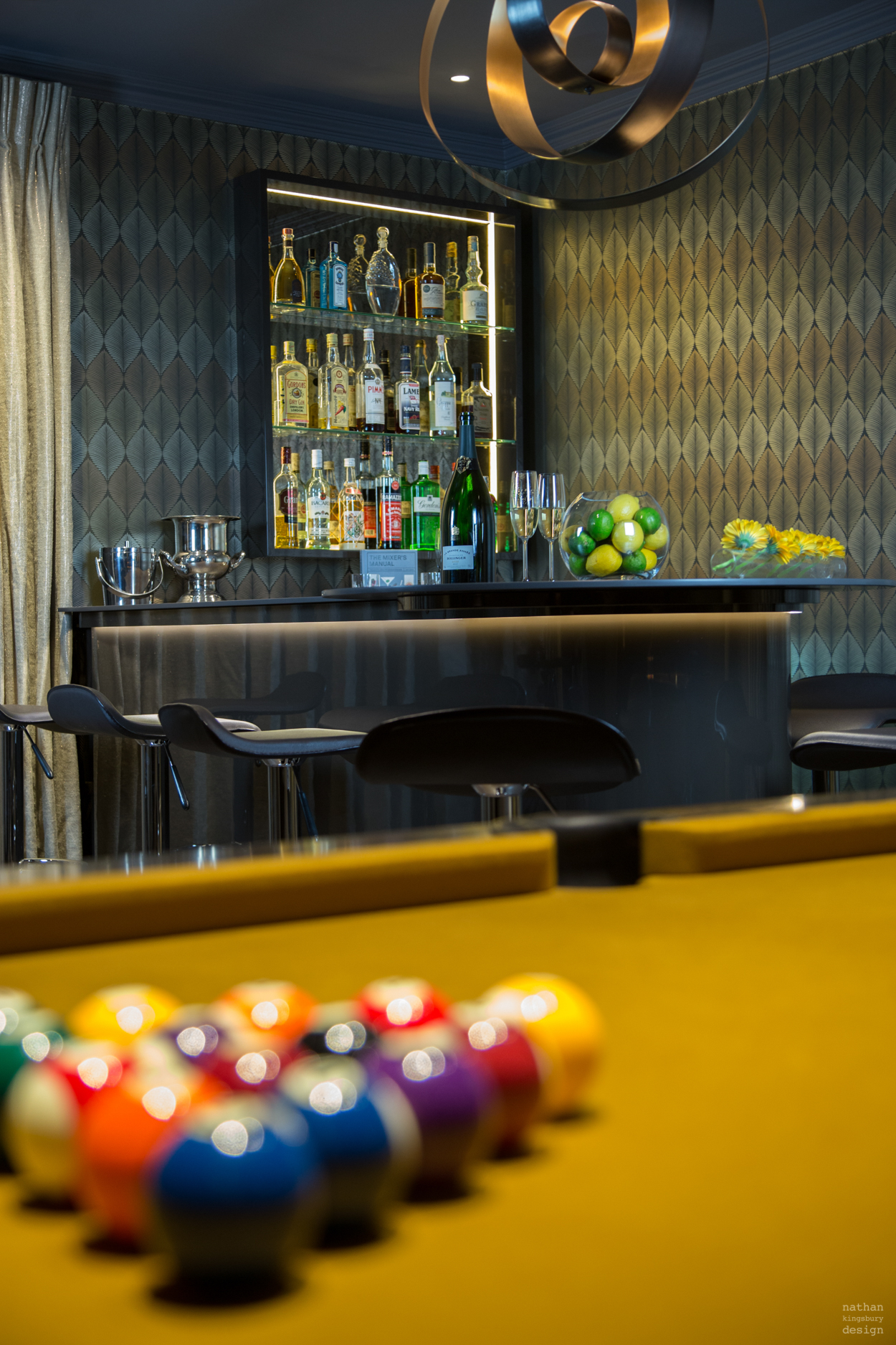 bespoke luxury home bar furniture with mustard yellow pool table oxted surrey